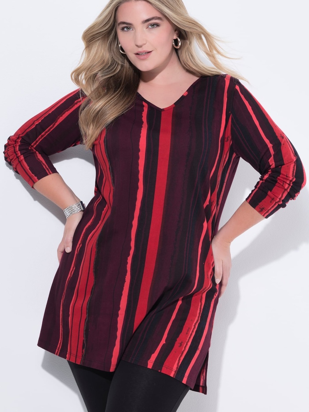 EUC Ulla Popken Women's Ruby Red Vertical Striped A-Line Knit Tunic 28/30